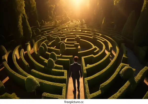 Man in suit standing in the middle of a maze