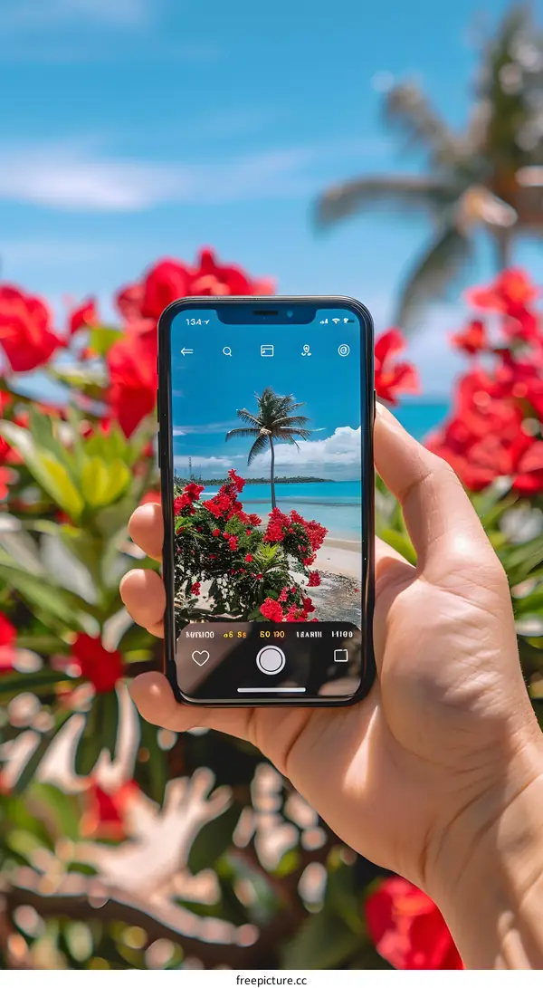 Hand holding a smartphone with a beach photo