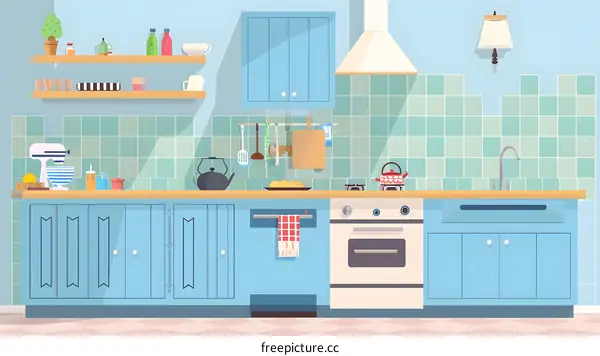 Blue Kitchen Interior with Appliances and Cabinets