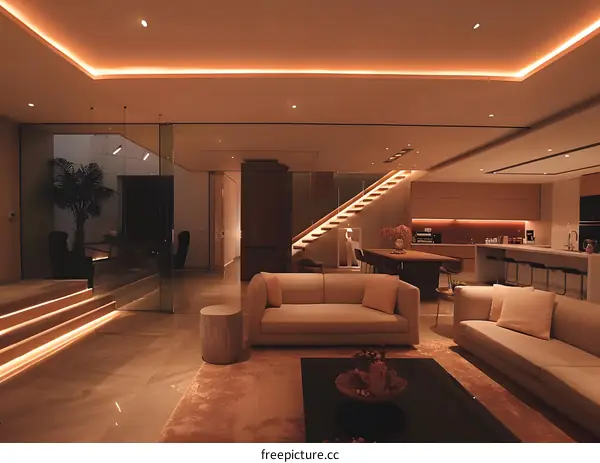 Modern Living Room Interior Design With Beige Sofa and Wooden Stairs