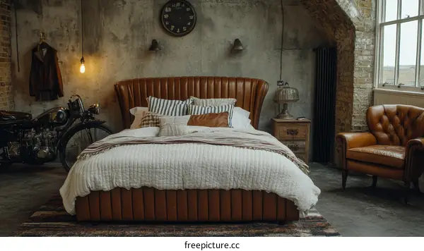 Vintage Industrial Bedroom with Leather Bed