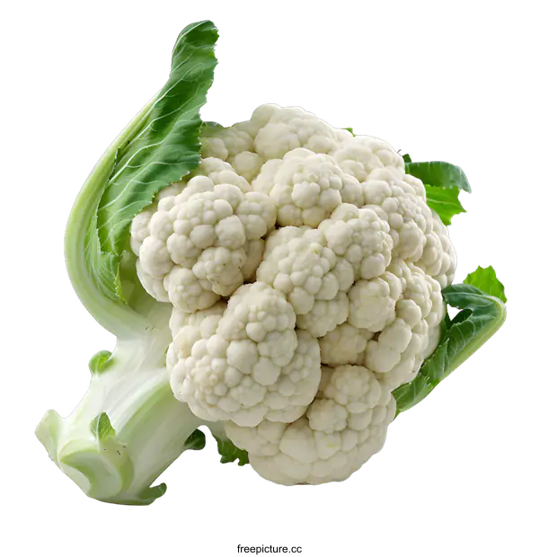 [Transparent Background PNG]Fresh White Cauliflower With Green Leaves Isolated On White Background