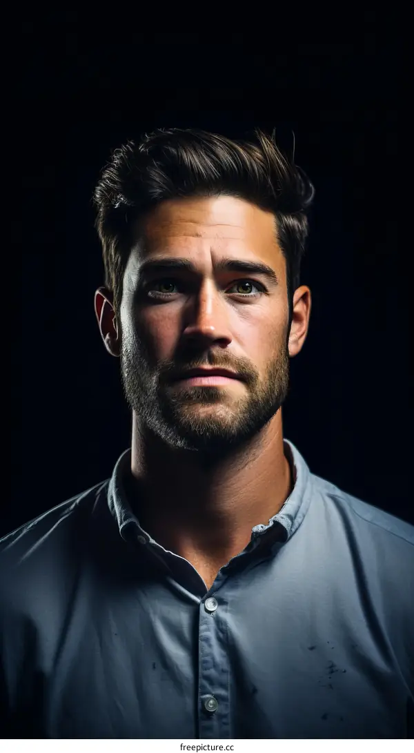 Portrait of a handsome young Caucasian man with dark hair and piercing green eyes wearing a stylish blue shirt