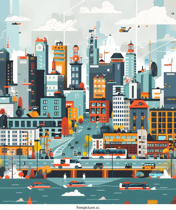 Modern Cityscape with Buildings, Vehicles and River