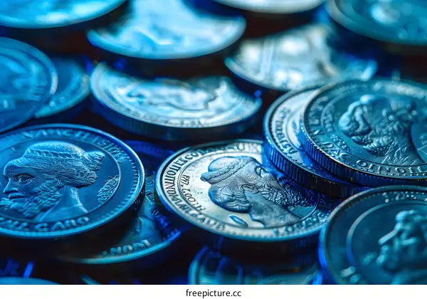 A pile of silver coins with a close up view