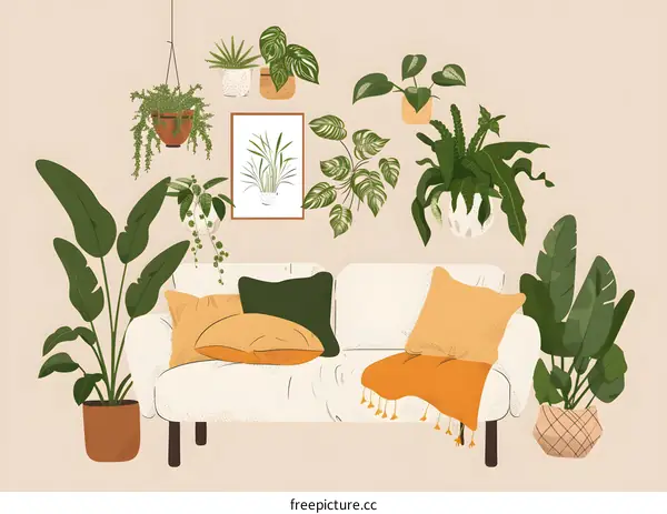 Living Room With White Sofa And Green Plants Illustration