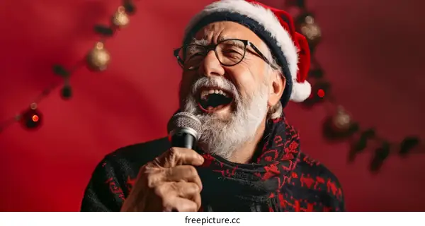 Joyful senior man singing Christmas carols at home