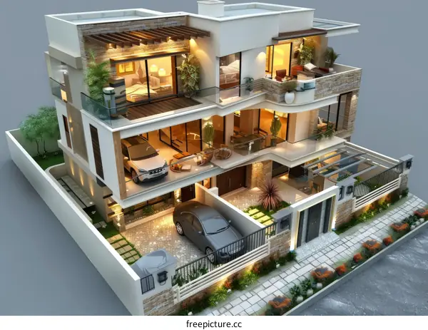 3D Render of Modern Glass Home with Swimming Pool