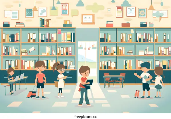 Children Reading Books In A Library