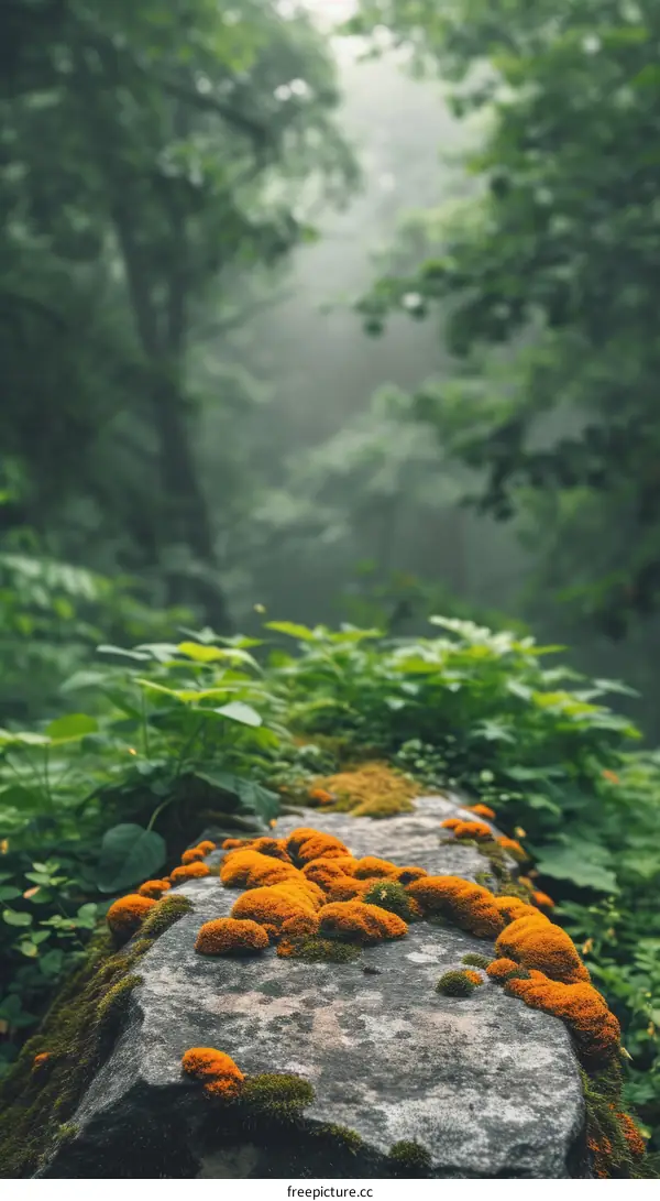 Close-up of orange lichen and green moss growing on a rock in a lush green forest with a soft focus background