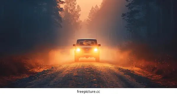 Car Driving Through Foggy Forest at Night