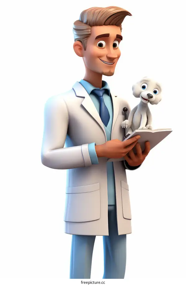 A cartoon veterinarian holding a puppy