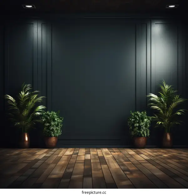 Dark green room with wooden floor and plants