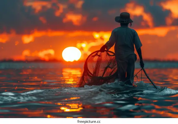Southeast Asian fisherman in a boat at sunset with a net