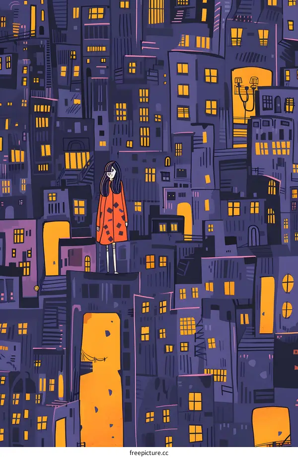 Woman Standing on Rooftop in City Illustration