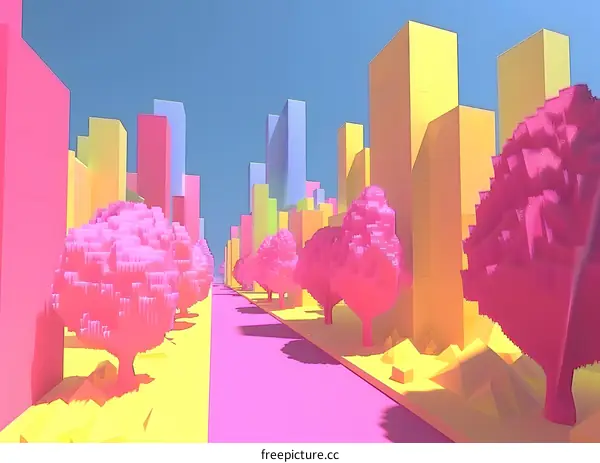 Colorful Cityscape With Pink Trees and Geometric Buildings