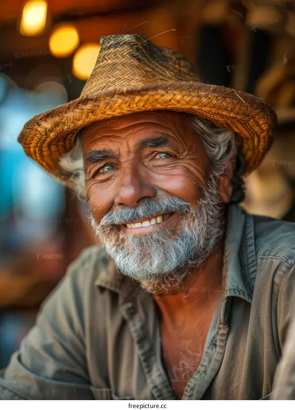 Smiling Senior Man in Straw Hat Portrait