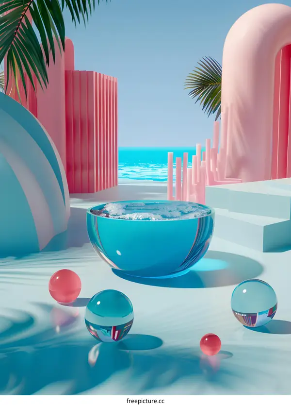 Abstract Minimalist Summer Scene with Blue and Pink Geometric Shapes and Glass Spheres