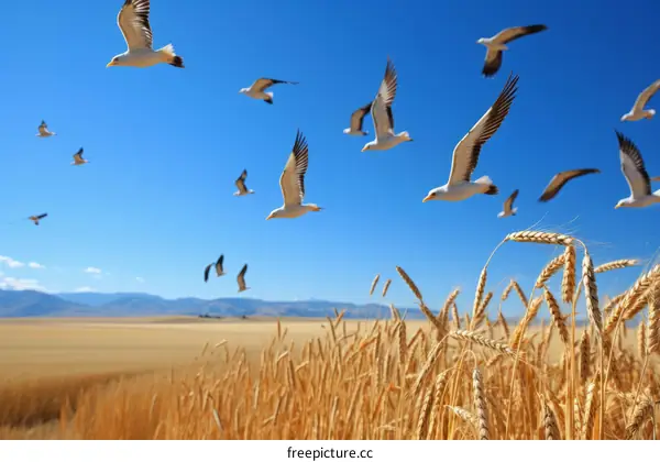 Seagulls flying over a wheat field