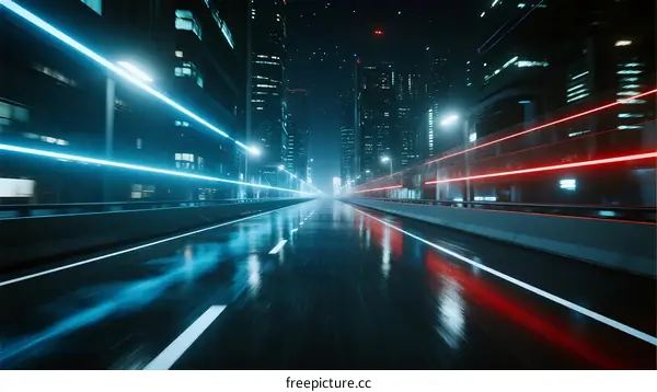 Futuristic City Street with Light Trails at Night