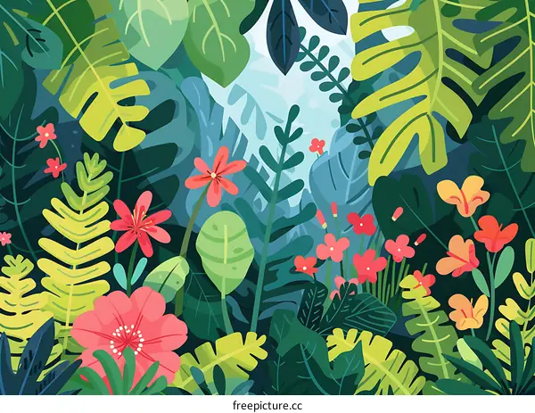 Tropical Jungle Illustration with Green Leaves and Colorful Flowers