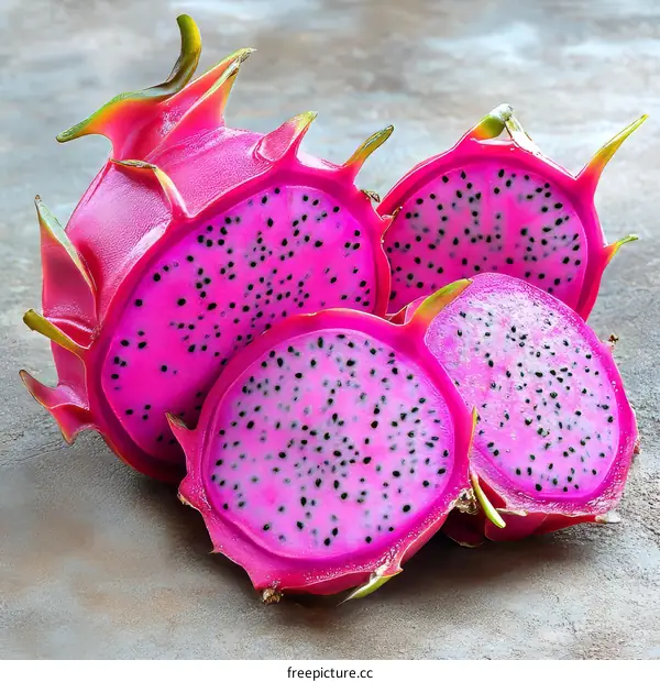 Closeup Fresh Pink Dragon Fruit Slices on Table