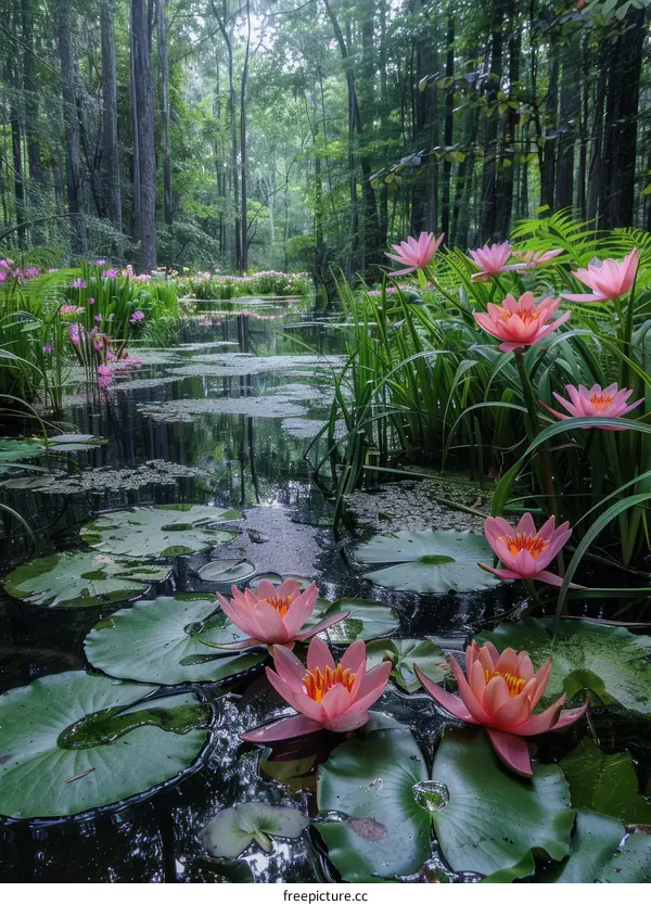 Serene Water Lily Pond in the Enchanted Forest