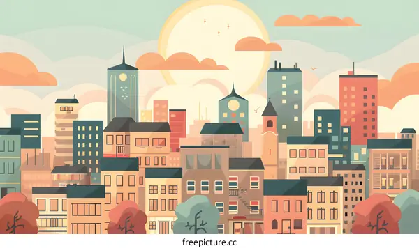 Cityscape Illustration With Buildings And Sun