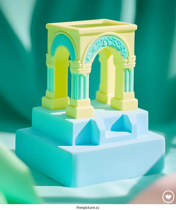 Miniature Roman Arch Sculpture on Blue and Green Background