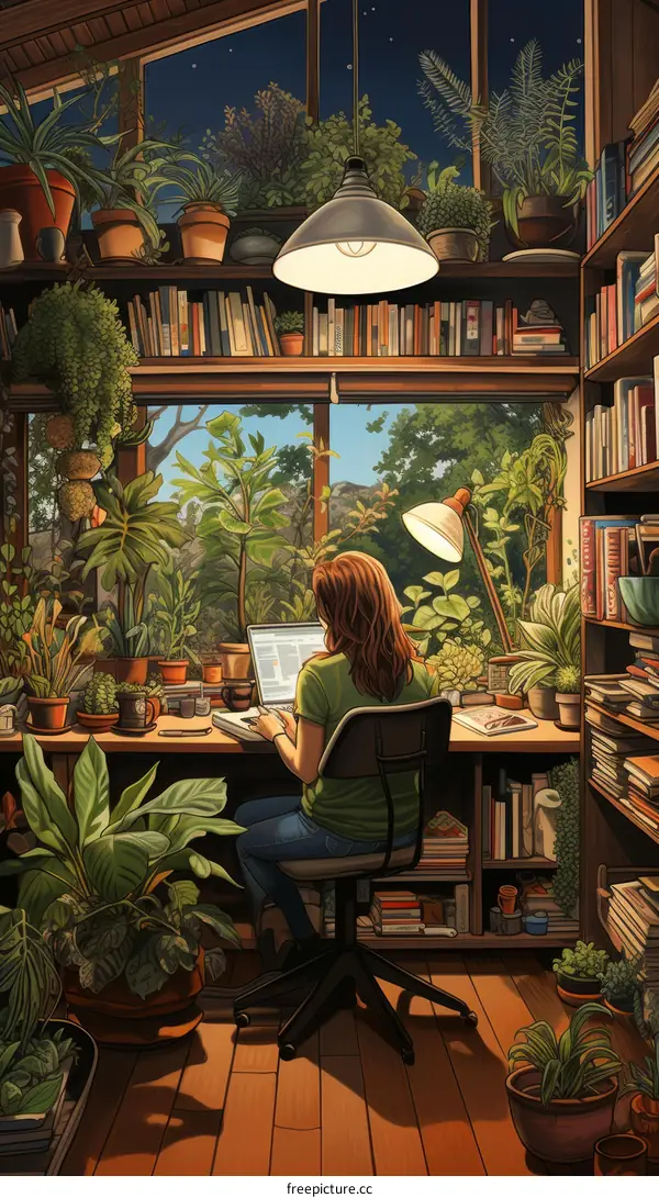 An illustration of a woman working in a home office surrounded by plants