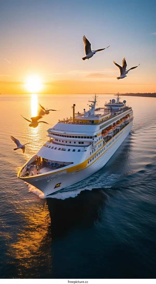 Large cruise ship on the open ocean with seagulls flying overhead
