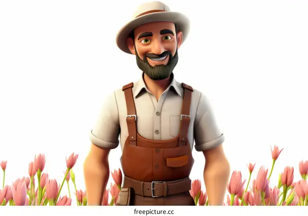 A male farmer wearing a hat and suspenders stands in a field of pink tulips