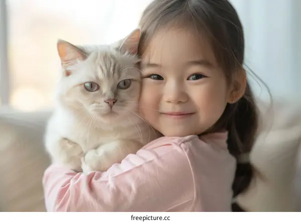 A cute Asian girl hugging a white cat