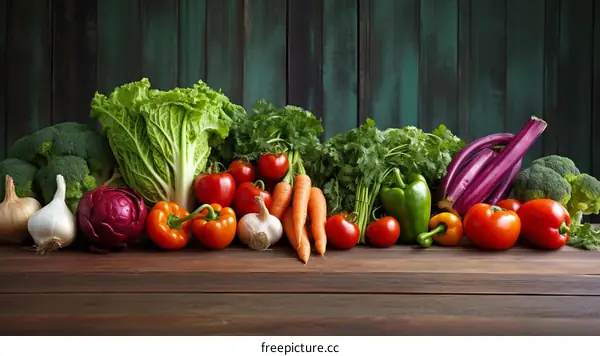A variety of fresh vegetables on a wooden table