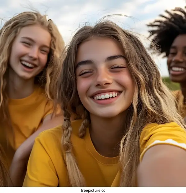 Three Happy Friends Taking A Selfie