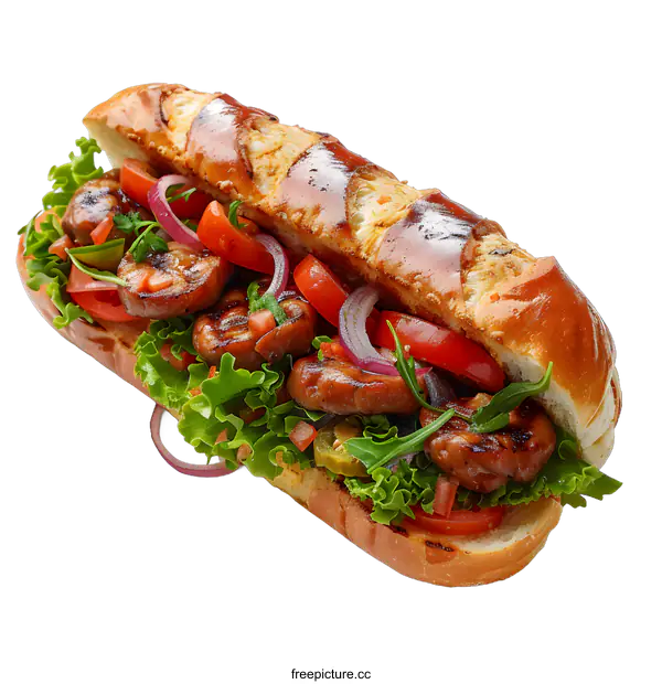 [Transparent Background PNG]Grilled Sausage Sandwich With Tomato And Onion