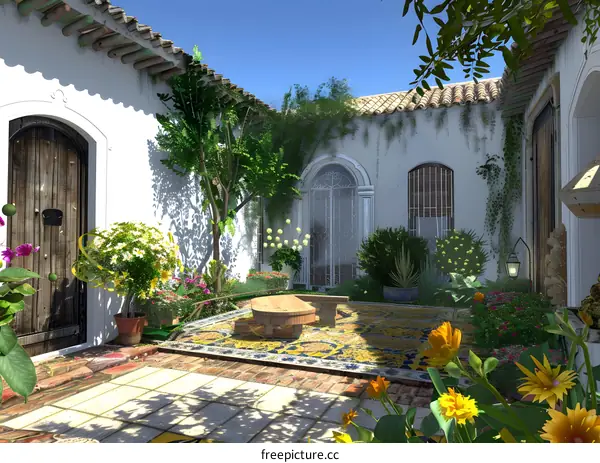 Beautiful Mediterranean Courtyard with Colorful Flowers and Lush Greenery