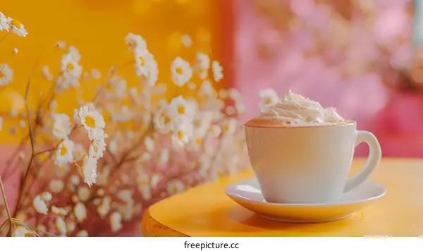 White Cup of Coffee on Yellow Table with Flowers