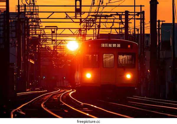 Sunrise Train on Railway Track in Japan