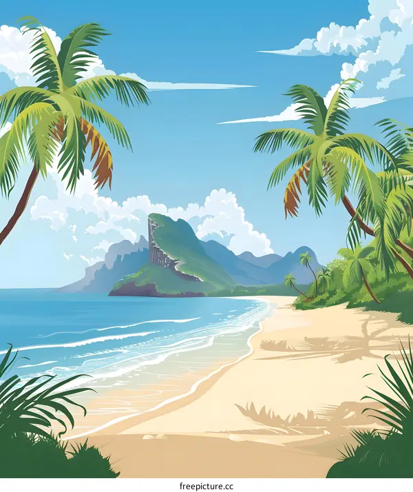 Tropical Beach with Palm Trees and Mountains