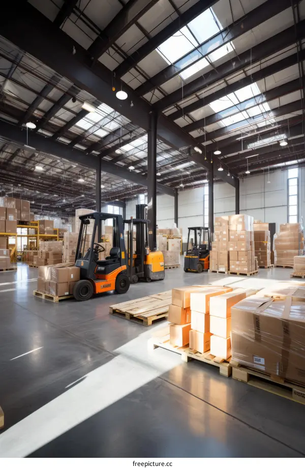 A large warehouse with forklifts and many boxes