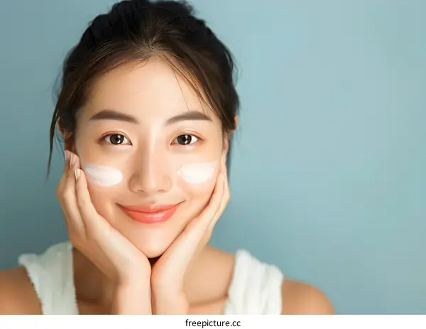 Asian Woman Applying Face Cream Smiling