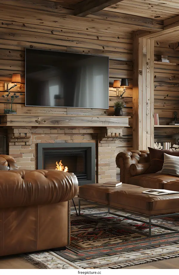 Modern rustic living room interior with fireplace and brown leather furniture