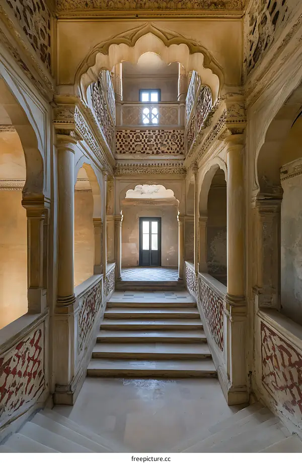 Staircase in an Old Building with Arched Windows