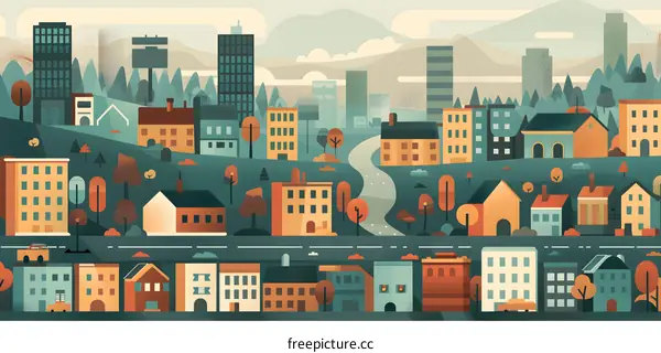 Cityscape Illustration With Buildings And Trees