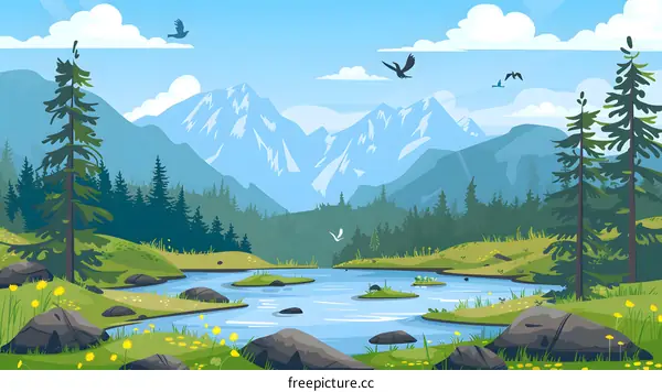 Mountain Landscape with River and Pine Trees