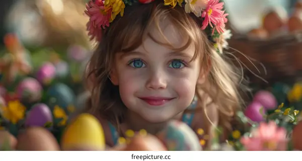 Portrait of a smiling blonde girl with a wreath of flowers on her head