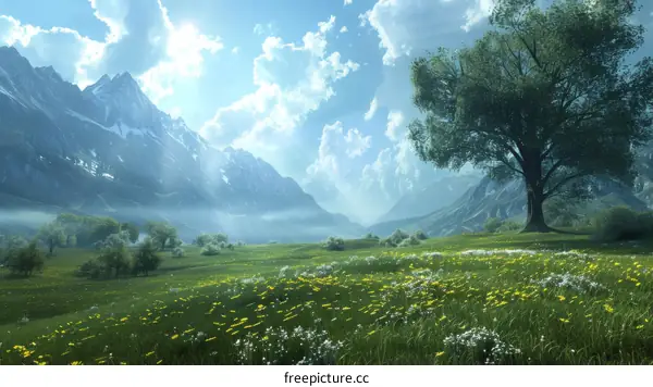 Fantasy Landscape with Majestic Mountains, Verdant Trees, and Vibrant Flowers