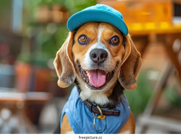 A happy beagle dog wearing a blue hat