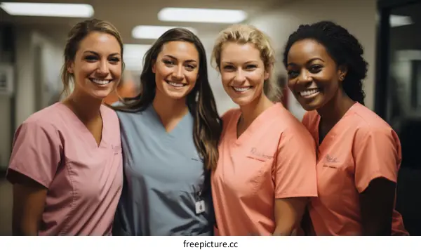 Four smiling female nurses standing in a hospital hallway